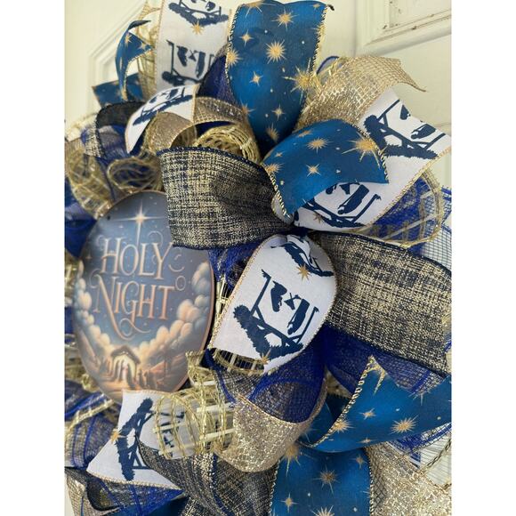 Holy Night Nativity Wreath Christmas Door Decor | Blue and Gold Holiday Wreath - Picture 6 of 9